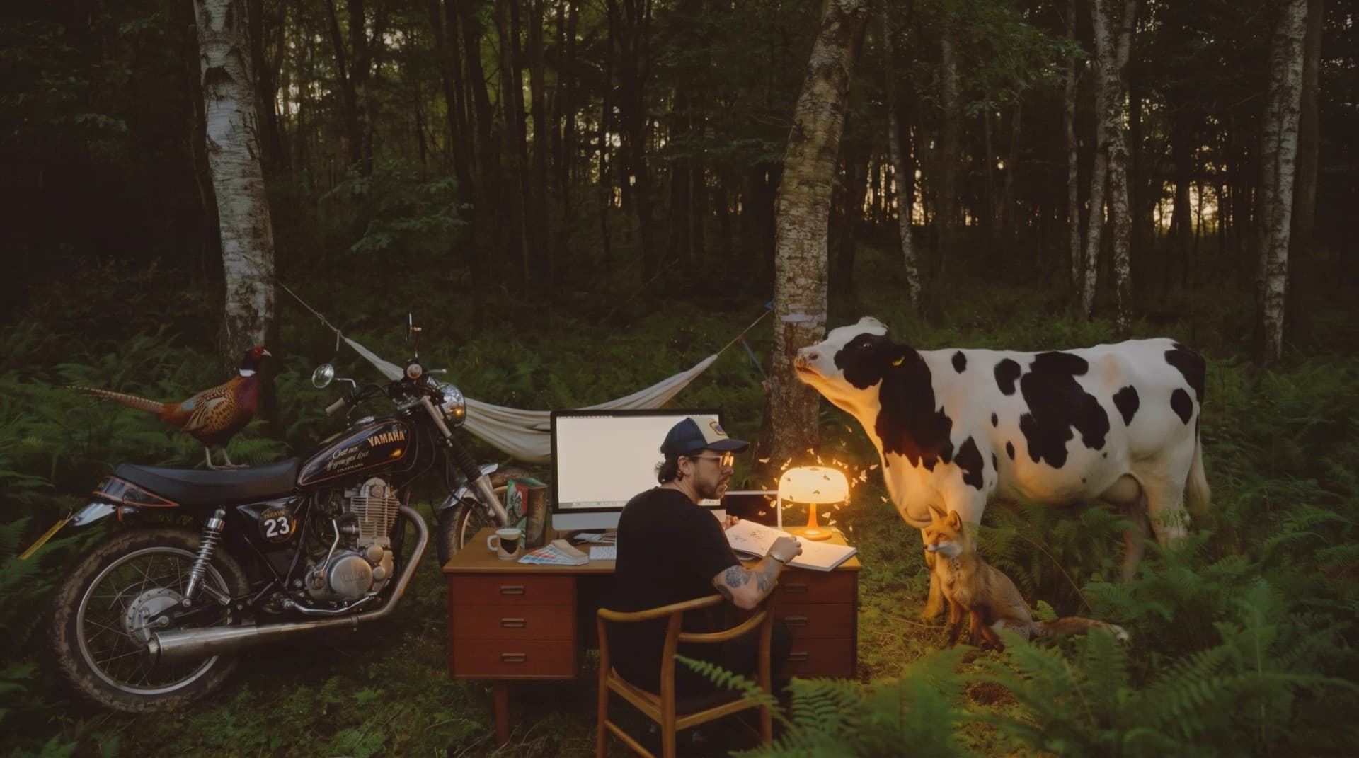 Joe at a desk in the woods, a cow at the lamp, a fox and a pheasant on a motorbike beside him