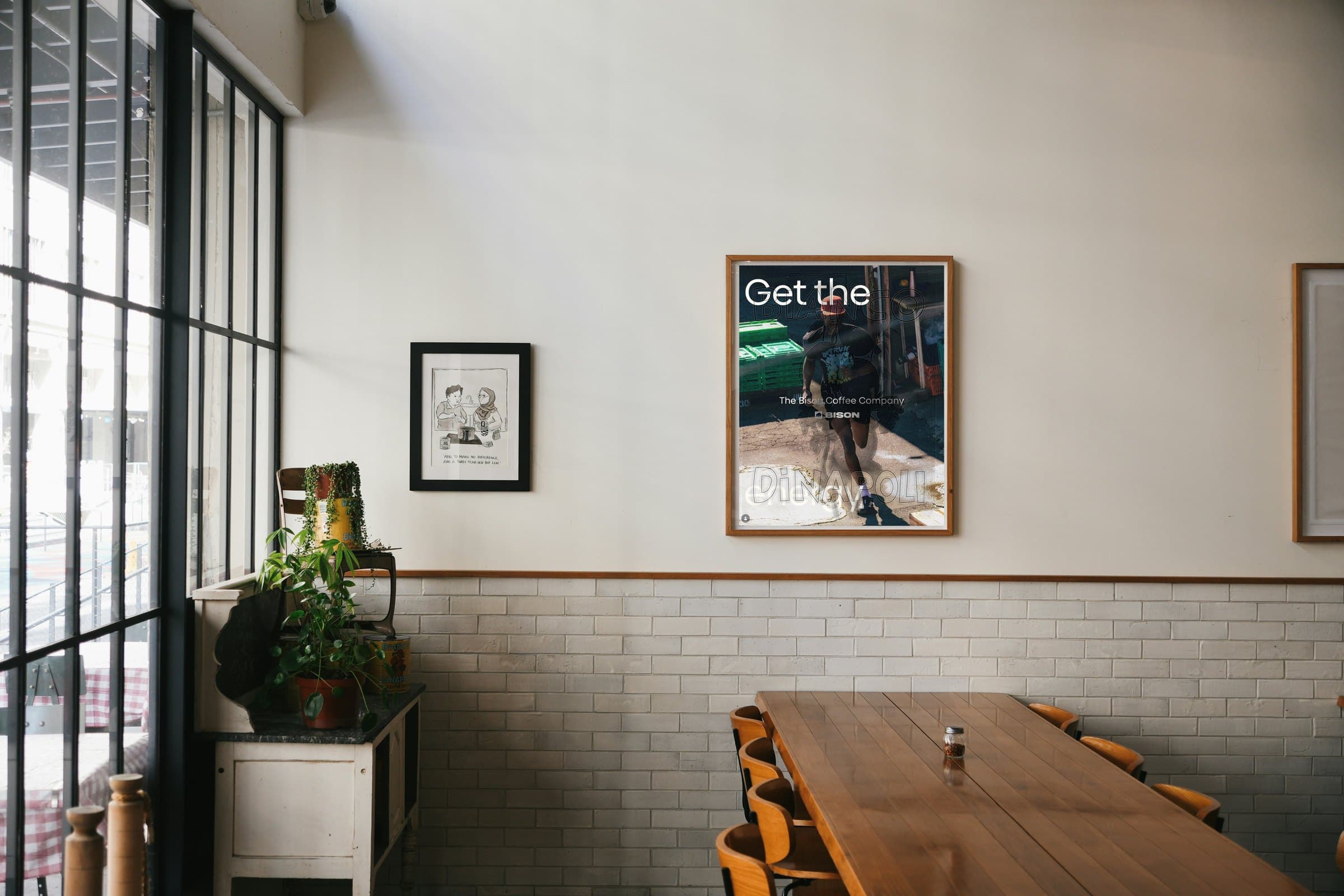 Get the energy, framed on a café wall