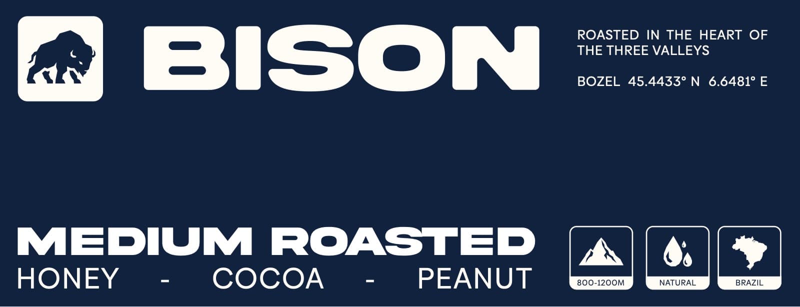 the label: Medium Roasted, Honey, Cocoa, Peanut